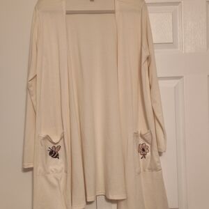 LuLaRoe Cream Lightweight Cardigan with Bee And Flower Print Pockets. Size L.